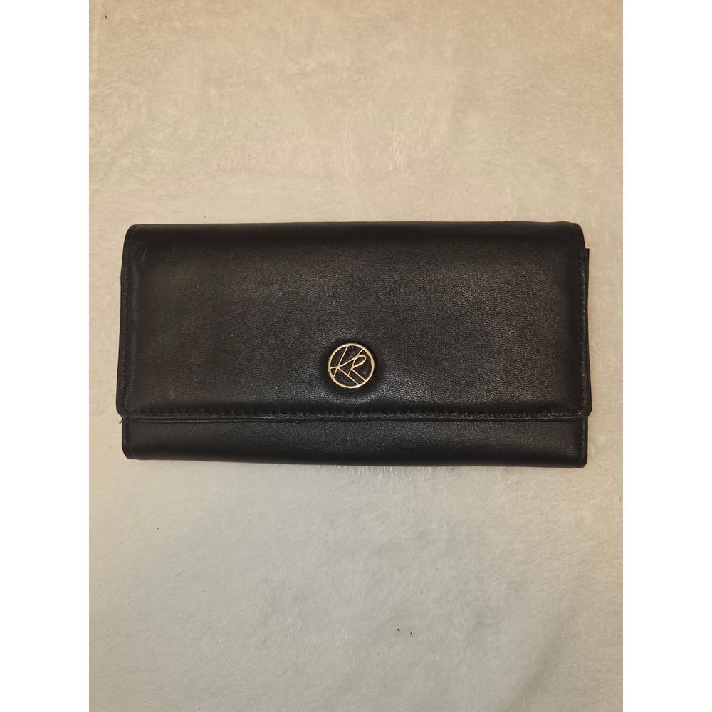 Kim Rogers Black Genuine Leather Trifold Clutch Wallet Checkbook Organizer Zip